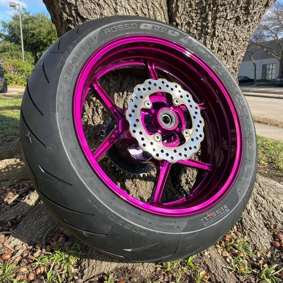 Sport bike wheels refinished in Illusion Violet for @six_foot_seven. Tires mounted and balanced in house along with new @allballsracing wheel bearings