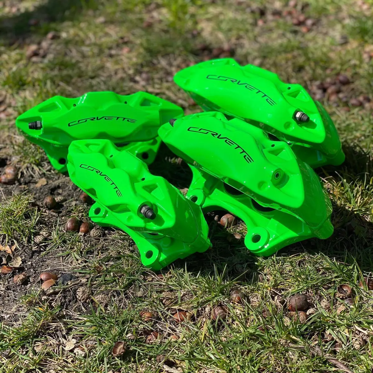 2018 Corvette Stingray brake calipers refinished in Fluorescent Green