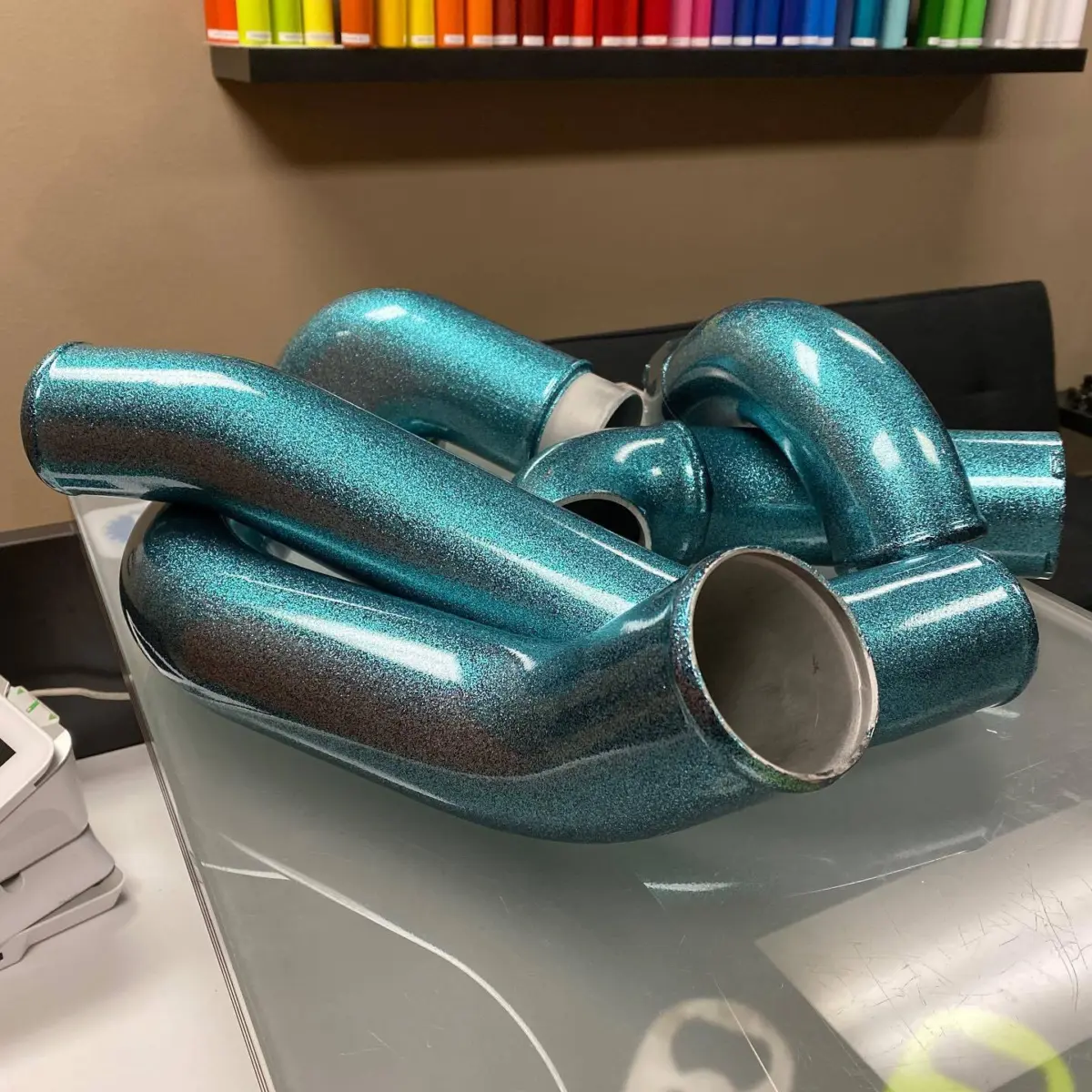 Intercooler piping refinished in 3-stage Disco Teal