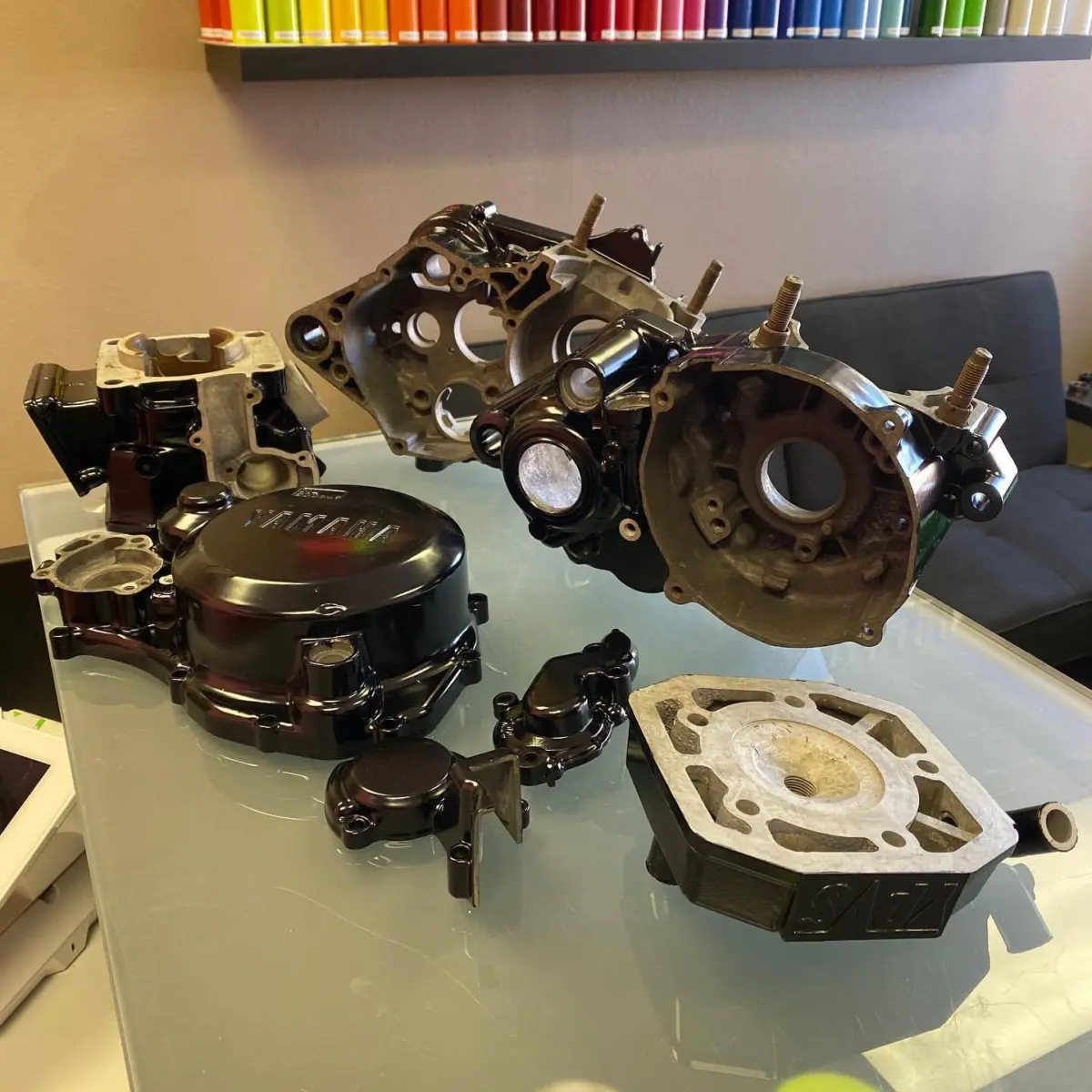 Yamaha 125cc engine cases refinished in Semigloss Black