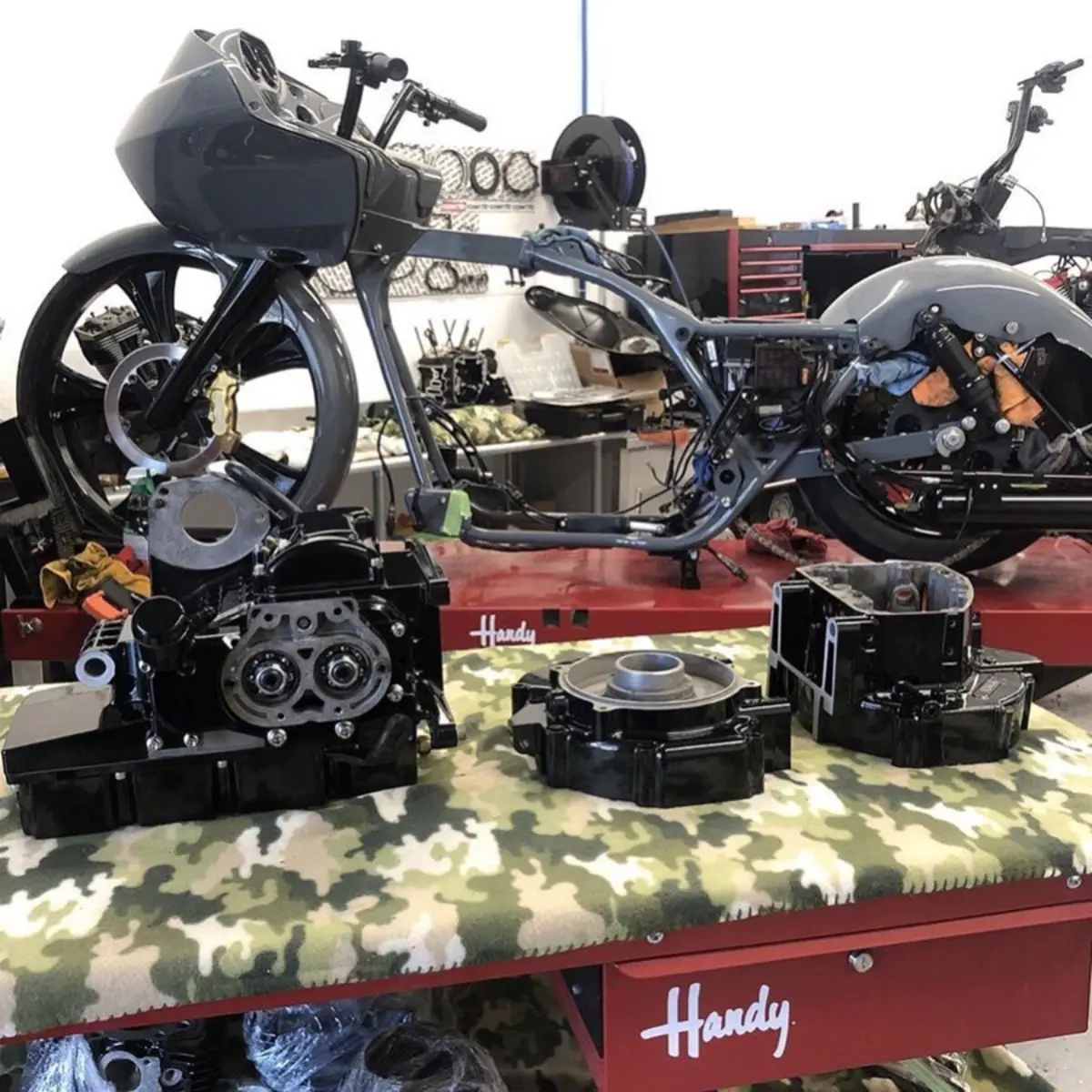Harley engine cases refinished in Wet Black for @northtexasvtwin and @heith20. These came in with a failed coating from being under cured and poorly prepped. Lots of stripping and meticulous masking and they look like new again!