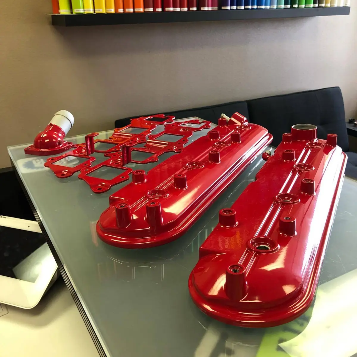LS Valve Covers refinished in our house red for @greaseman34. We mask internal engine components for sandblasting as well as powdercoating. A little common sense and extra effort go a long way with refinishing automotive parts