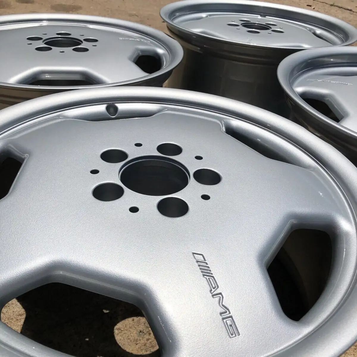 Mercedes AMG wheels refinished in Porsche Silver and High Gloss Clear