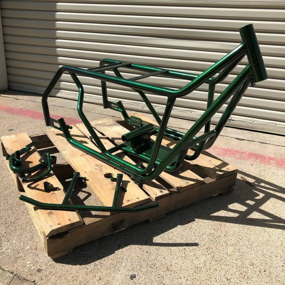 “Mini bike” frame refinished in Emerald Sparkle over Black