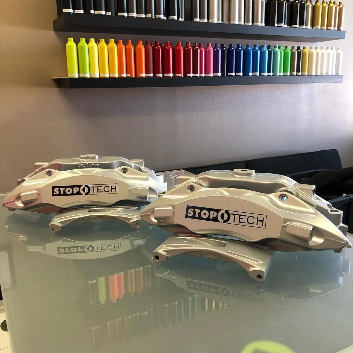 Stoptech brake calipers refinished in Satin Silver