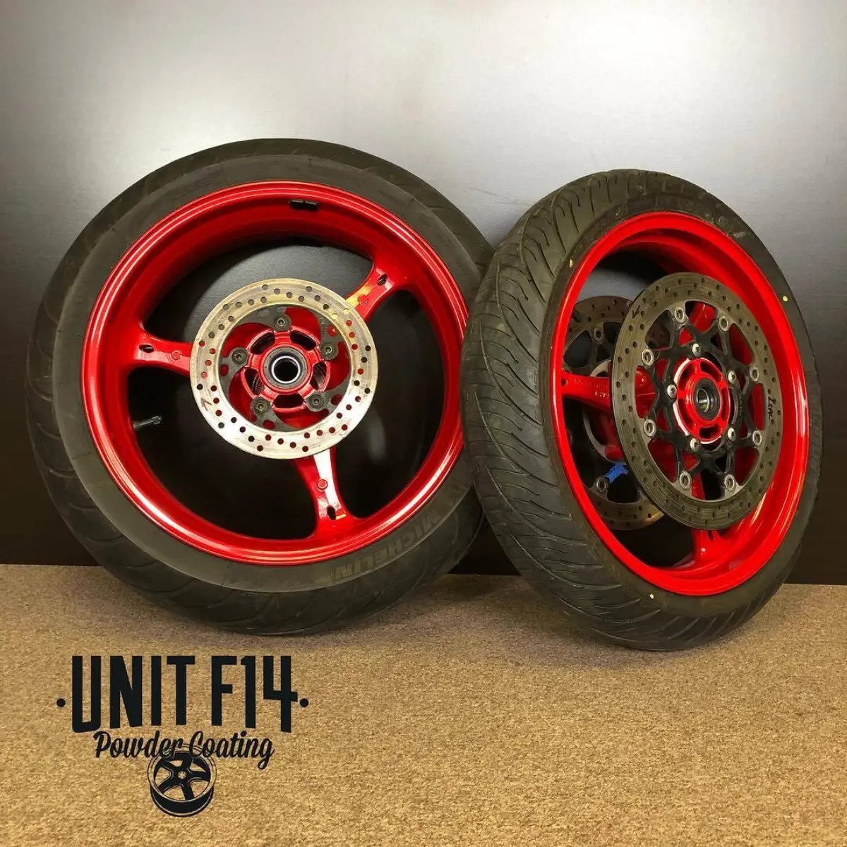 Suzuki GSXR-750 wheels refinished in Cardinal Red