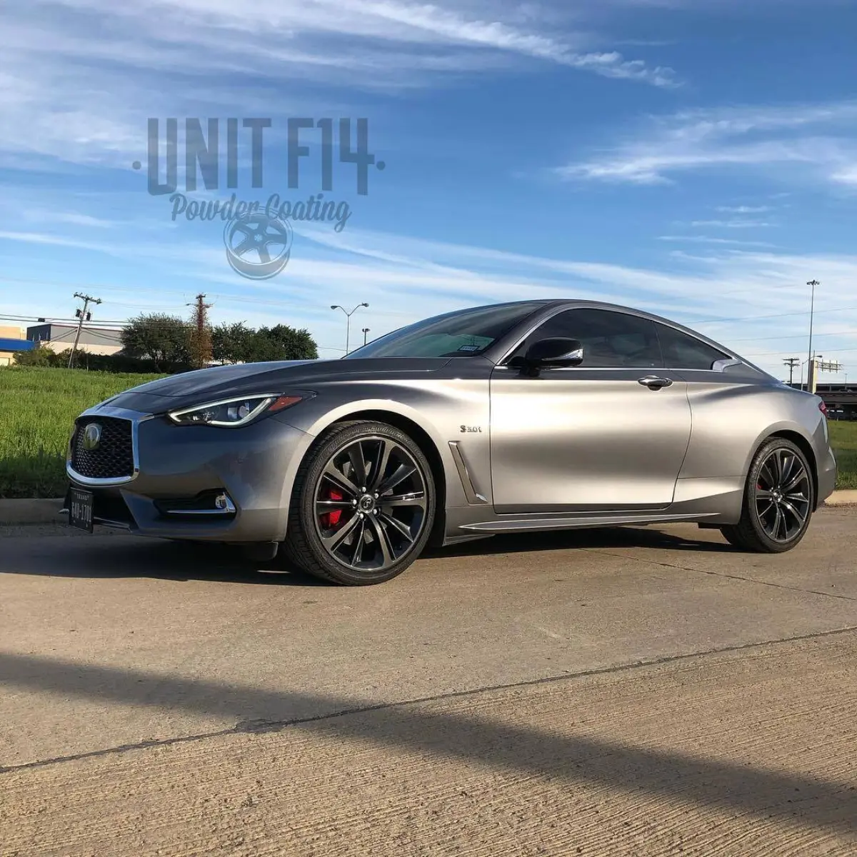 Infiniti Q60S wheels refinished in a dark metallic gun metal