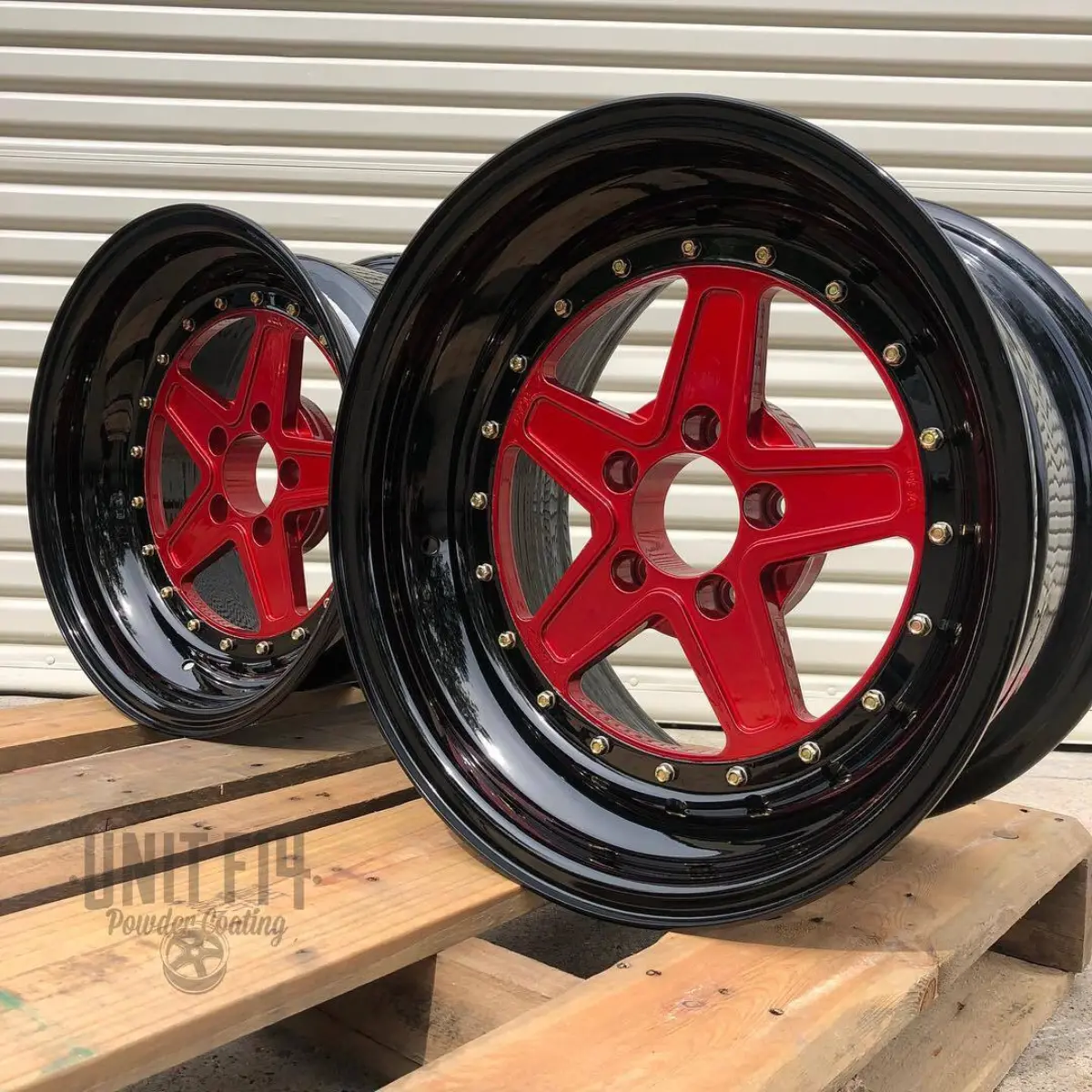 3-piece welded Bogart R/T wheels refinished with wet black barrels and candy red faces