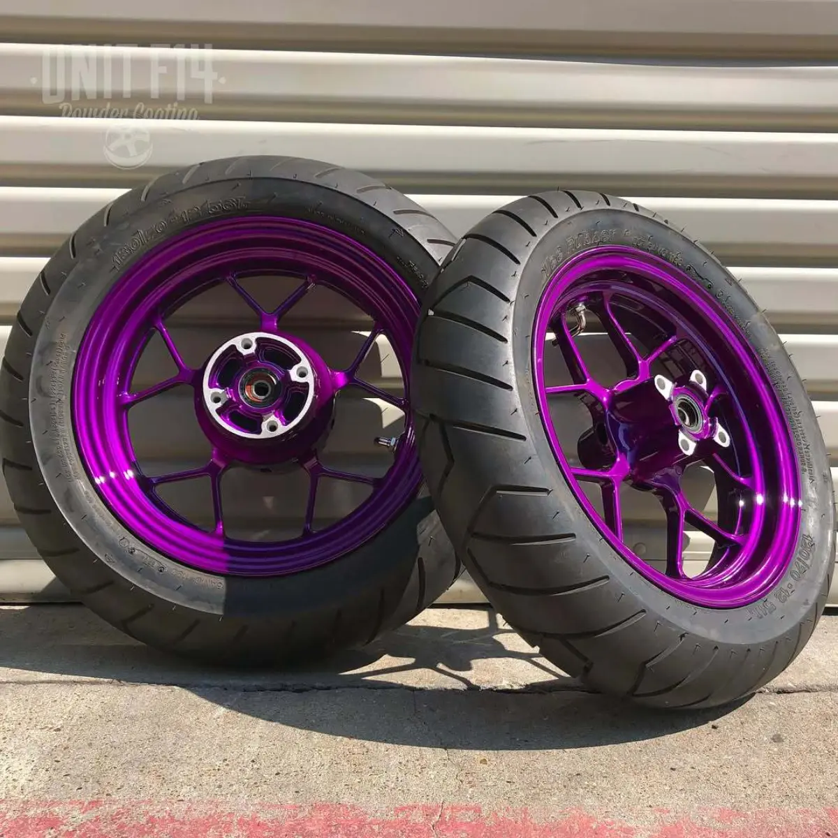 Illusion Violet on a set of Honda Grom wheels. Bearings and tires serviced in house