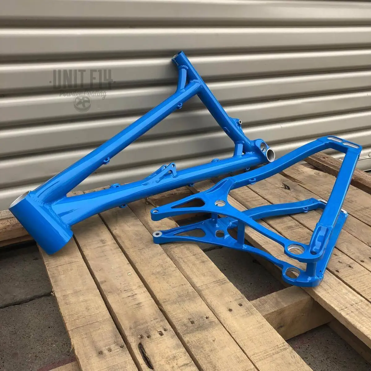 Full suspension mountain bike frame in Playboy Blue