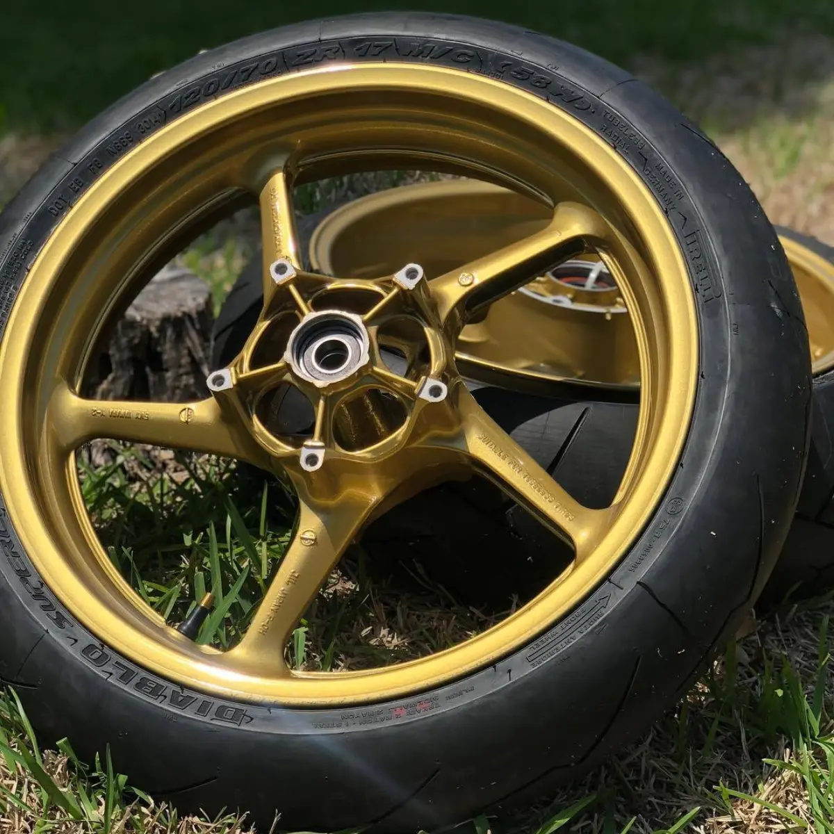 Sport bike wheels in Metallic Gold with High Gloss clear. We offer full service for most motorcycles including storage, bearing service, and tire service. For more information check out www.unitf14.com/motorcycles