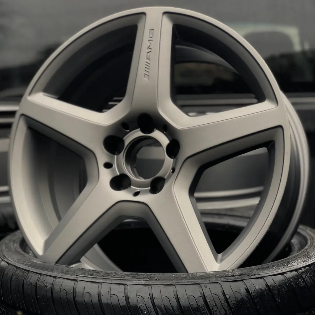 Our signature satin gunmetal on a set of Mercedes AMG wheels