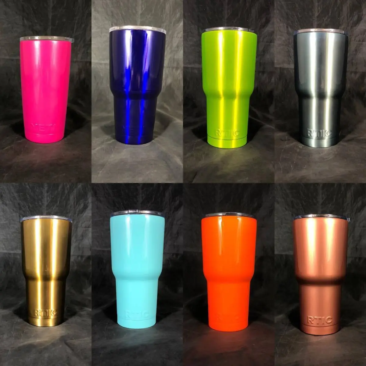 Our current selection of powder coated tumblers. Mention this post for $10 off any of the cups pictured