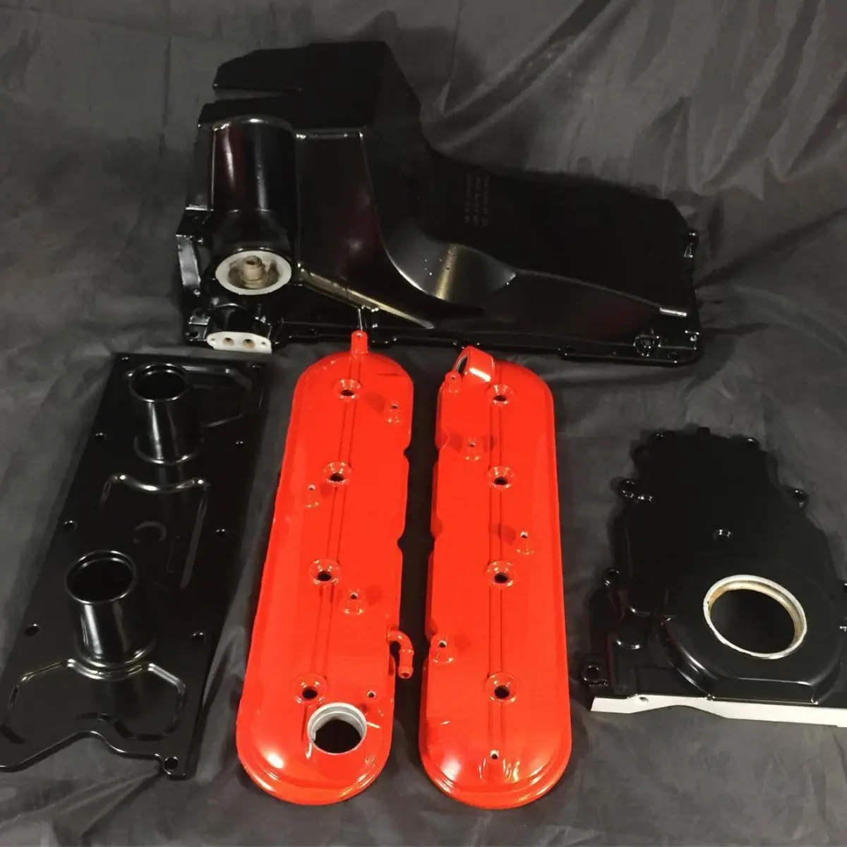 PacCar Semigloss Black and RAL-3020 on these restored engine components