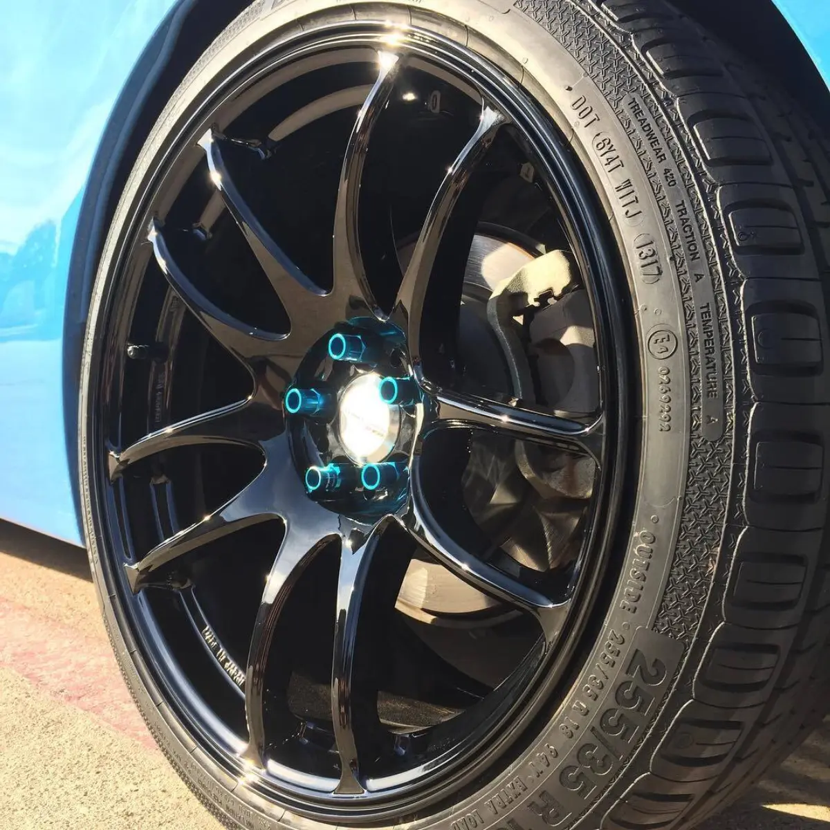 Freshly powder coated wet black wheels for a Subaru BRZ