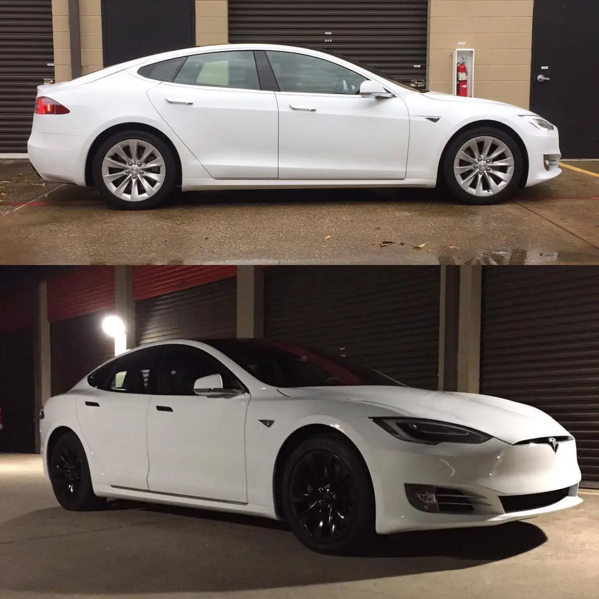 Before and after Tesla Model S wheels powder coated PacCar Semigloss Black