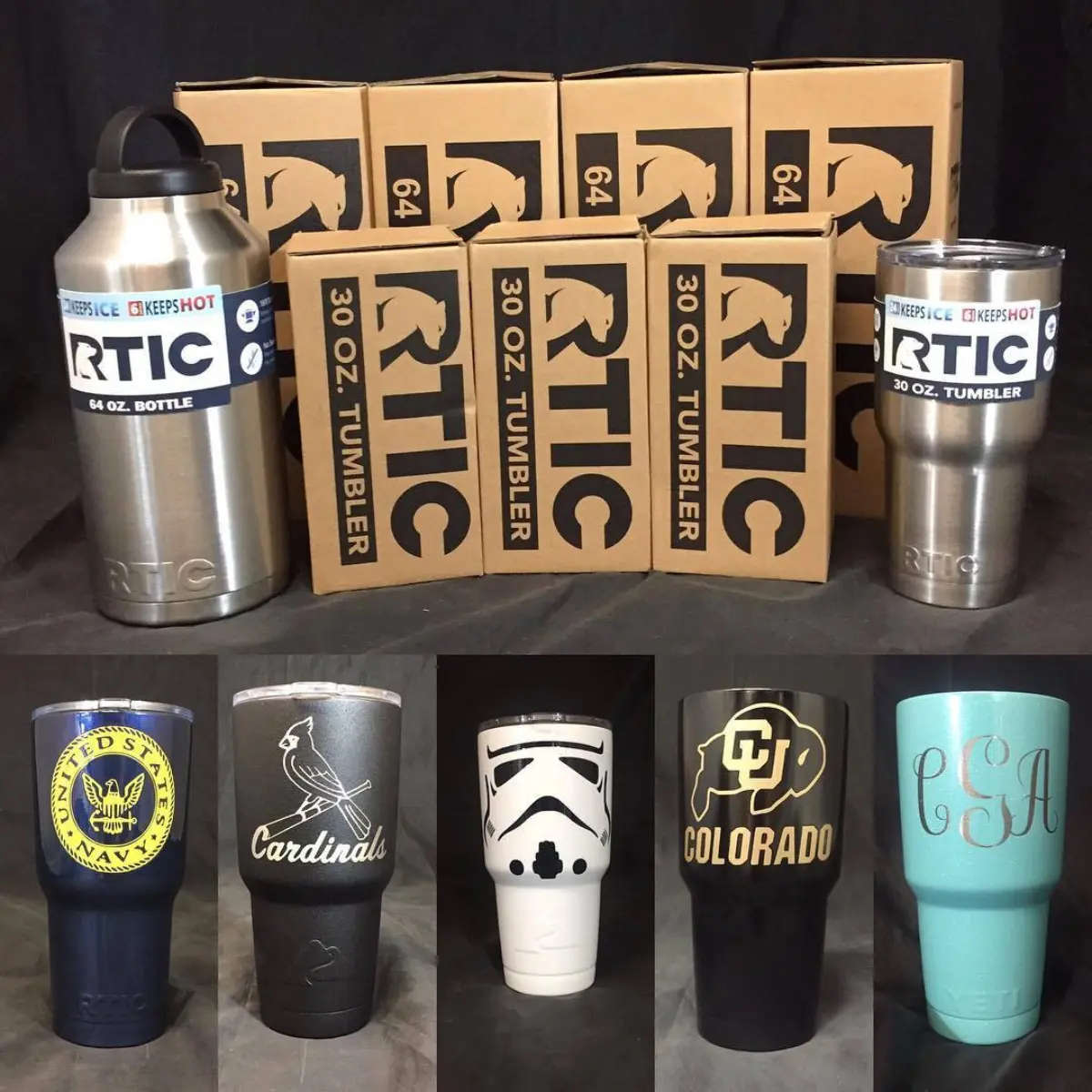 We now carry the RTIC 30oz Tumbler ($15) and 64oz Bottle ($30). Powder coating for these items start at $30, $50 with logo