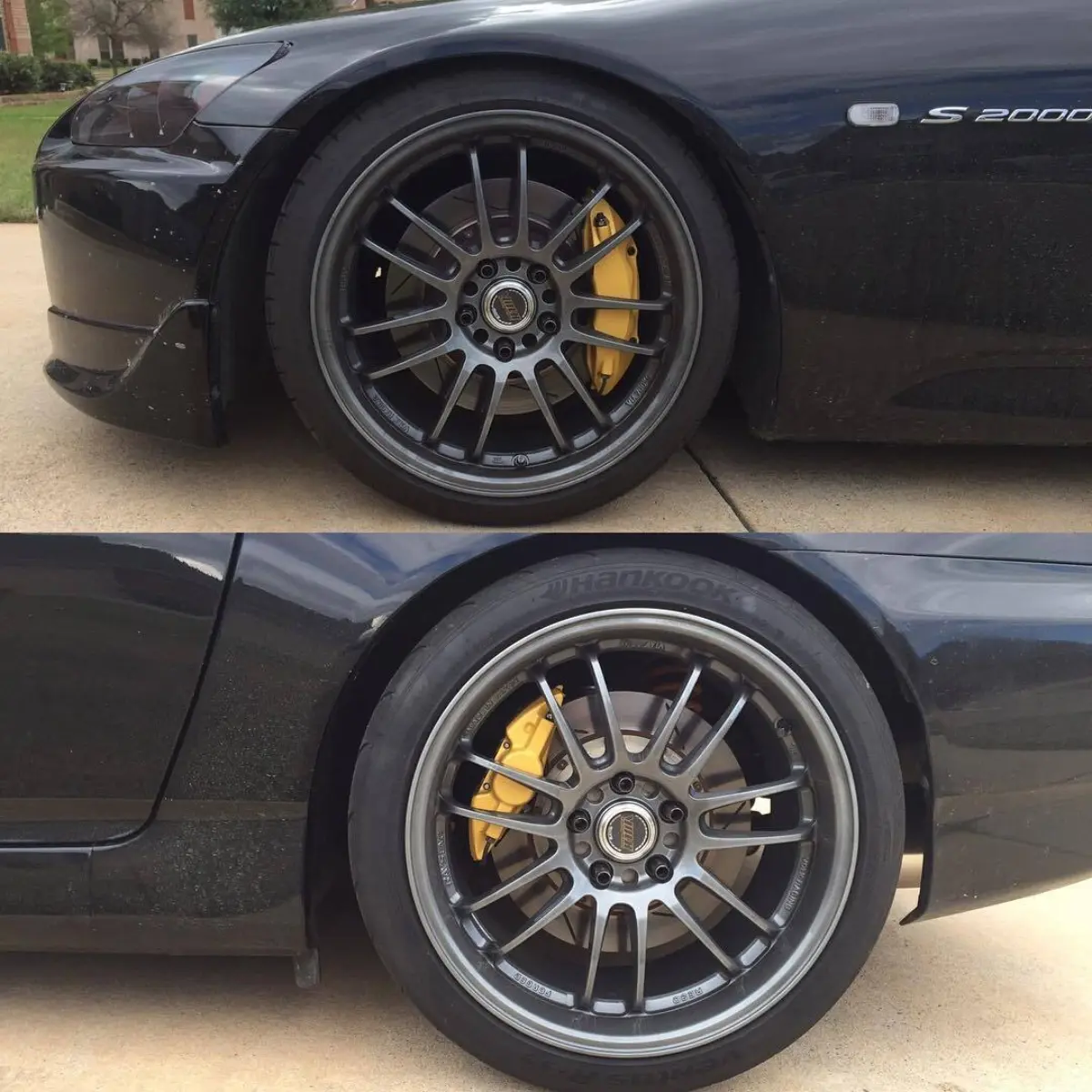 Black chrome rims with orange gold calipers