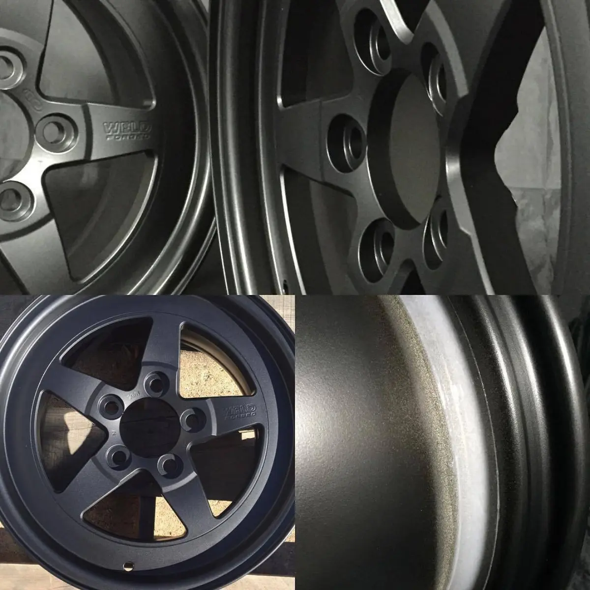 Matte black on a pair of 2-piece welded weld forged rims. Resealed along the weld to factory spec