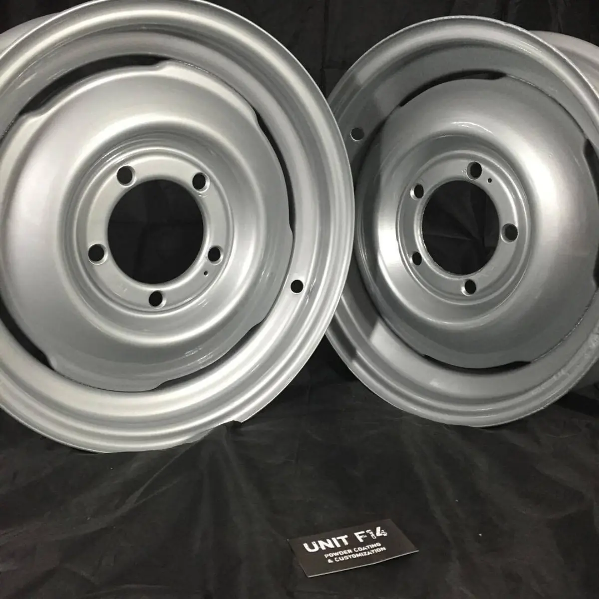 Pair of 1950's steel trailer wheels in Porsche Silver with Clear Vision