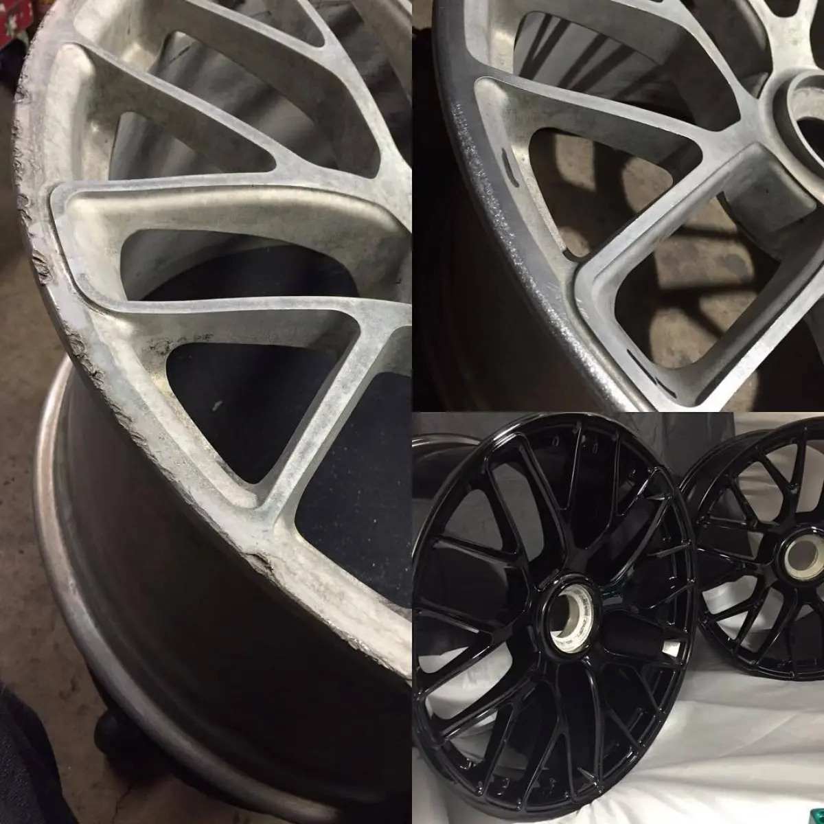 Welded up, smoothed out, and powder coated. These previously curbed wheels are good to go