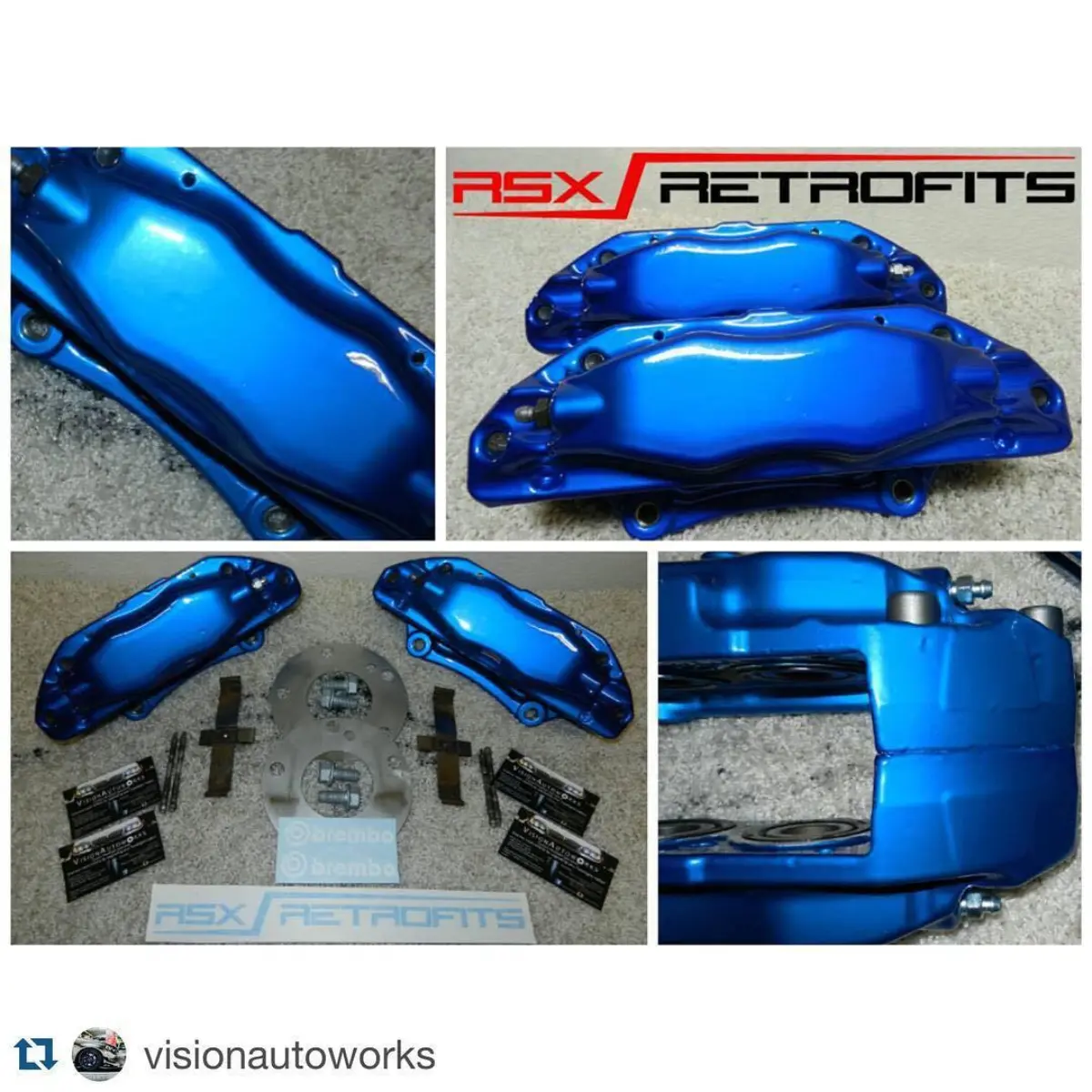 @visionautoworks with @repostapp.
・・・
Jay purchased our Acura TL-S Brembo brake retrofit kit for his Acura RSX. His calipers were modified for 100% direct bolt-on installation to his chassis. The calipers were disassembled, refinished in Peeka Blue