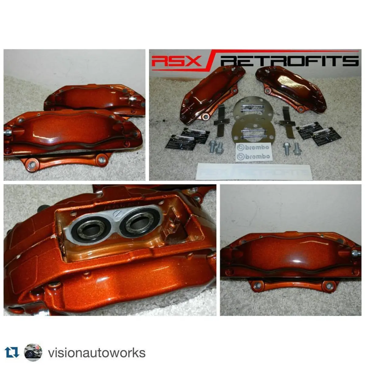 Love this color! Transparent copper over roman gold. Thanks for the pics Cullen! @visionautoworks with @repostapp.
・・・
Zackery purchased our Acura TL-S Brembo brake retrofit kit for his Acura RSX. His calipers were broken down, powdercoated Roman