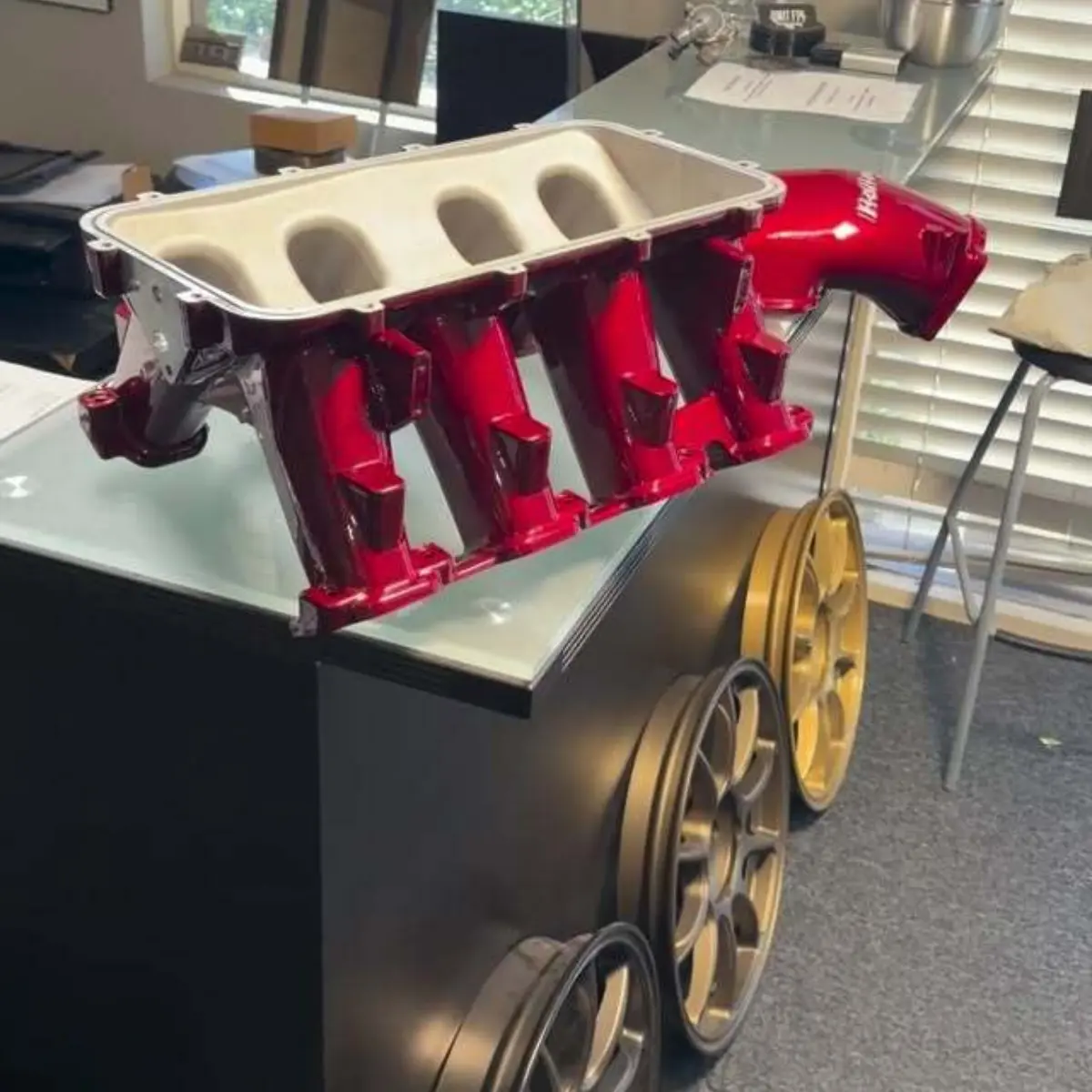 Three stage metallic red powder coat for this Holley Efi Hi Ram intake