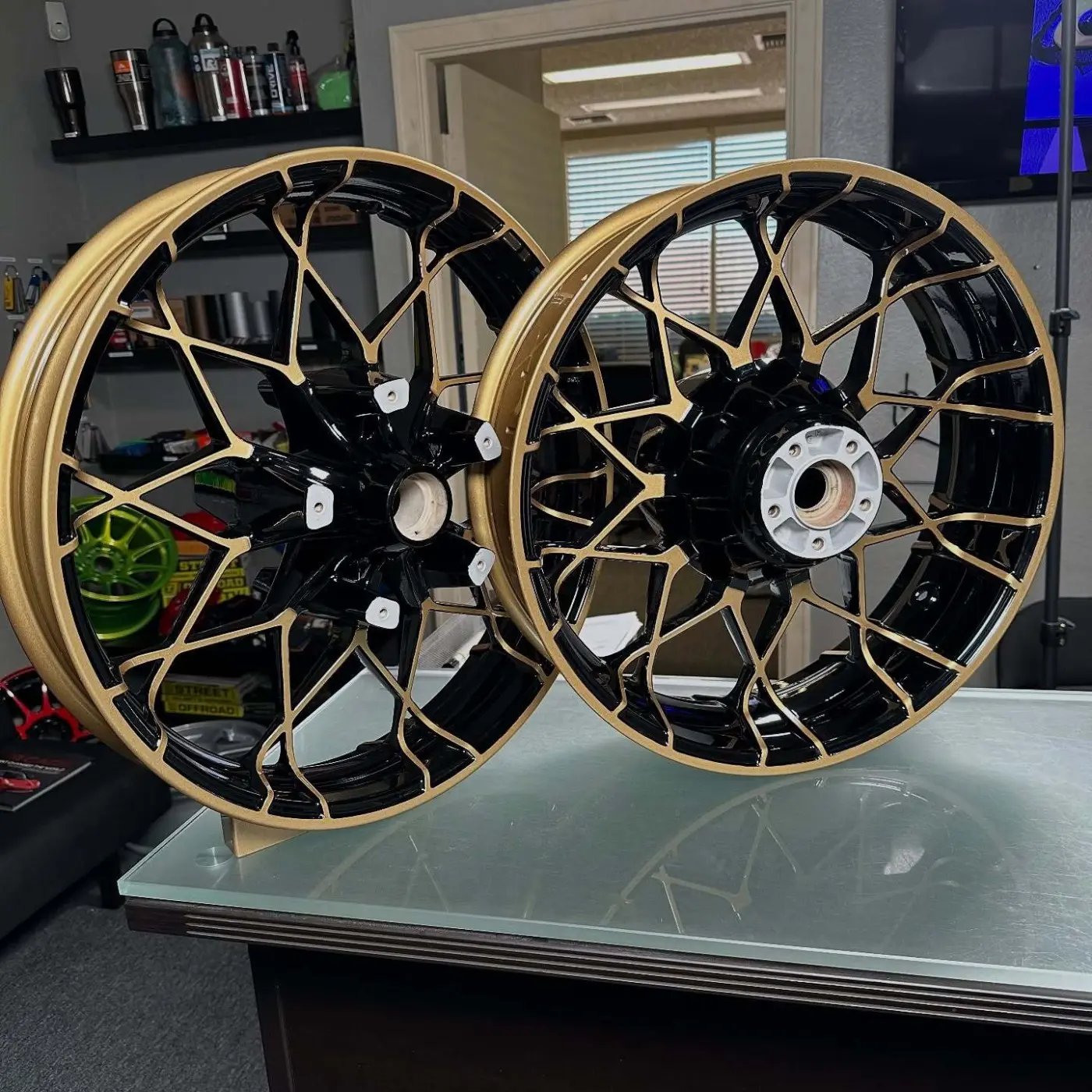 Harley Davidson wheels and parts powder coated Spanish Gold and Gloss Black
