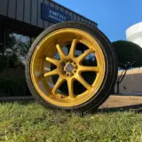 Work wheels refinished in Goldastic. After stripping, we discovered the previous shop used an overly aggressive blast media leaving a pitted profile. Nothing a little primer can’t fix