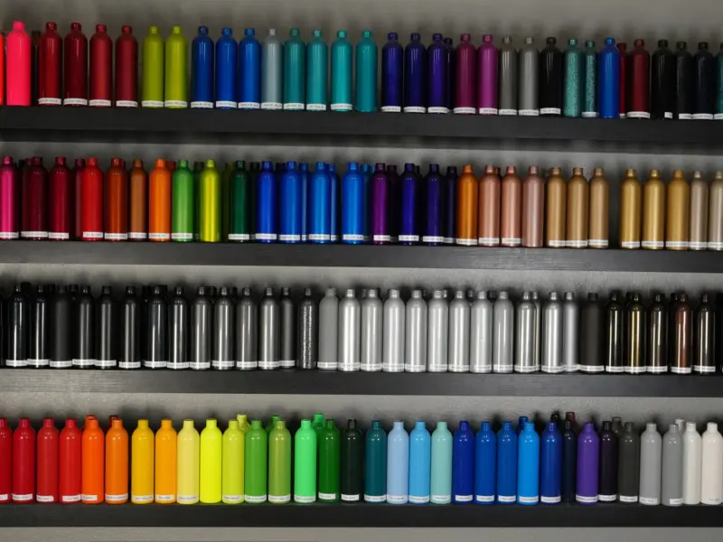 The color wall at Unit F14: four shelves of powder-coated sample bottles, about 100 colors, each labeled.